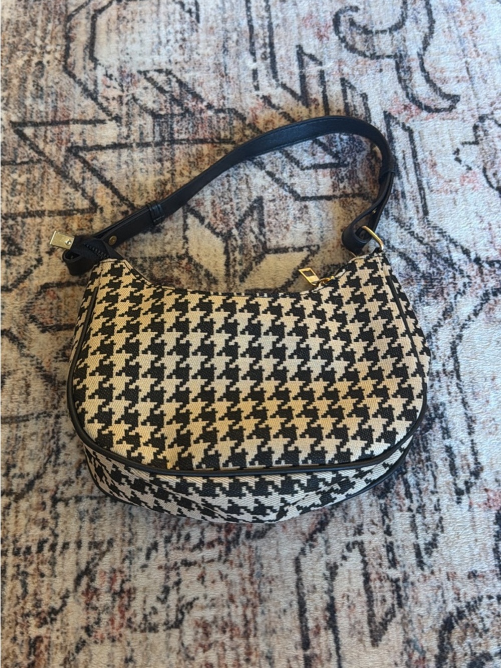 Houndstooth Print Handbag Gold Hardware